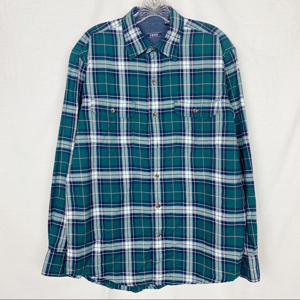 Izod Green and White Plaid Long Sleeve Button Down